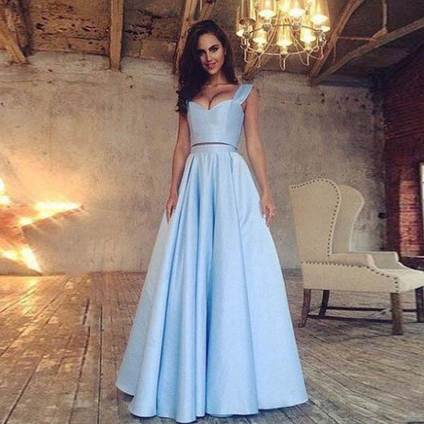 Light Sky Blue Two Piece Prom Dresses Sweetheart Satin Floor Length Cheap Black Long Party Dresses Fast Shipping