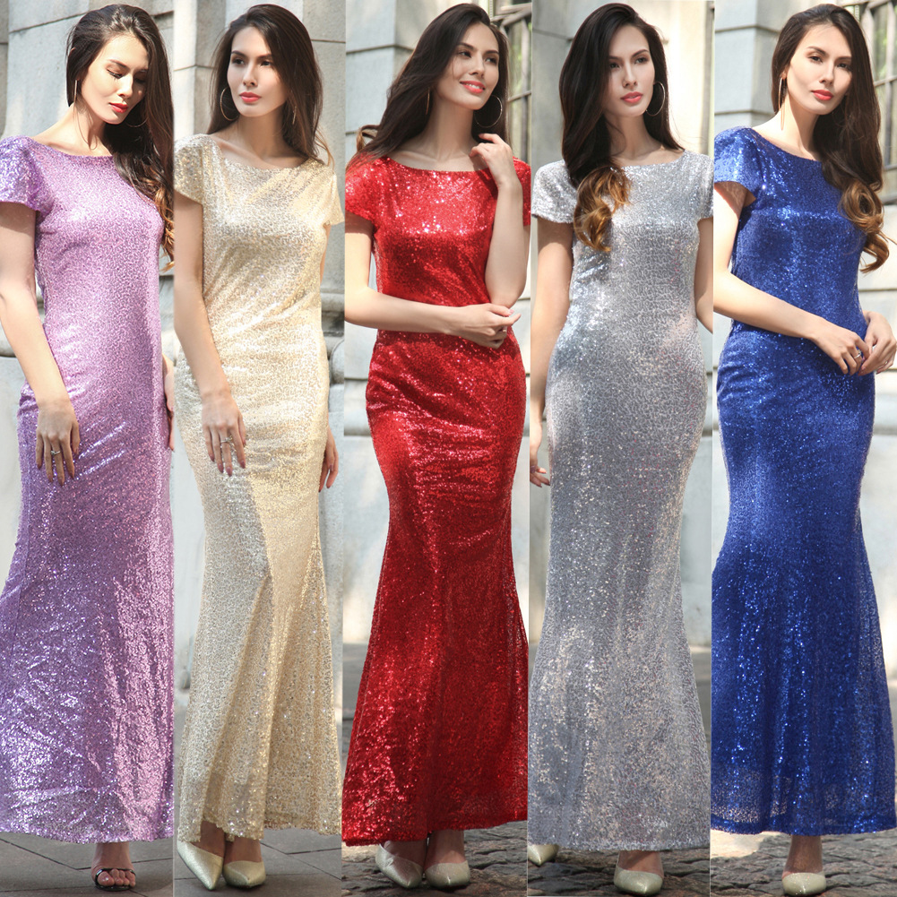 Frauen Oansatz Kurzarm Pailletten Elegant Abend Cocktail Brautjungfer Party Clubwear Mermaid Maxi Kleid Größe S M L XL XXL RY10 Frauen Oansatz Kurzarm Pailletten Elegant Abend Cocktail Brautjungfer Party Clubwear Mermaid Maxi Kleid Größe S M L XL XXL RY10