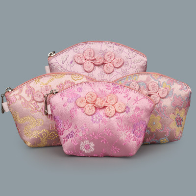 

High End Chinese knot Small Shell Bags Zip Coin Purse Silk Brocade Jewelry Gift Bag Wedding Party Favor Candy Bag Decorative Storage Pouch