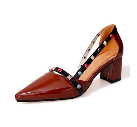 

Women Pumps Summer fashion Sandals Mid High Heels Square Heel Pointed Toe SEXY Rivets Patent Leather Office/Career Shoes Woman, A2