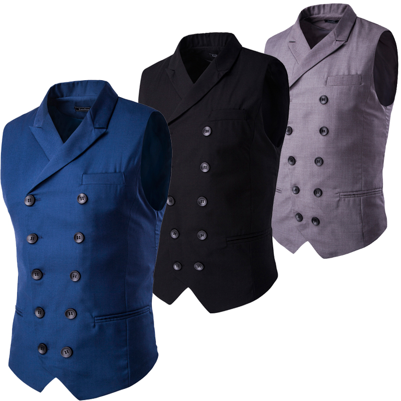 Wholesale- Fashion Slim Fit Leisure Waistcoat Double Breasted Men Suit Vest Tuxedo Formal Business Jacket Sleeveless Blazer Black Navy Gray