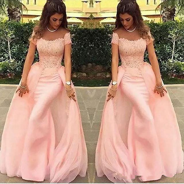 

Light Pink Arabic Evening Dresses Mermaid Appliqued Lace Short Sleeve Formal Prom Dress Evening Gowns With Datachable Train, Red