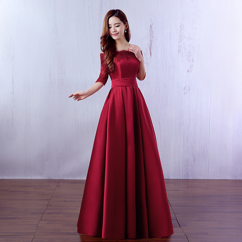 Half Sleeves Long Satin Bridesmaid Dress With Lace 2019 Elegant Lace Up Evening Party Gowns Burgundy Red Color