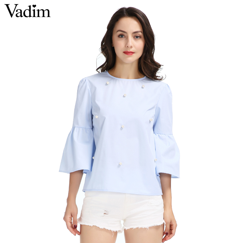 

Women Elegant Pearls Beading Flare Sleeve Shirt O Neck Blouse Three Quarter Sleeve Summer Brand Casual Tops Blusas LT1689, Blue