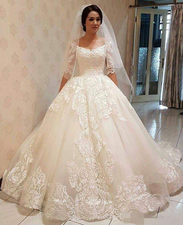 

2019 Elegant Half Long Sleeves Lace Wedding Dresses A Line Ball Gown Luxury Sheer Neck Bridal Gowns Custom Made Wedding Gowns, Pink