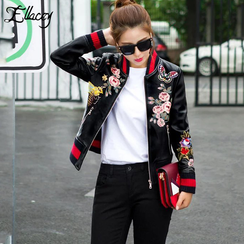 

Wholesale- New Arrival 2017 Sukajan Souvenir Motorcycle PU Leather Jacket Women Short Floral Printed Embroidery Baseball Varsity Jacket, As pic