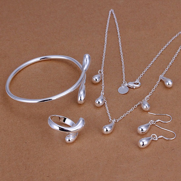

wedding Water droplets sterling silver plated jewelry set for women ES220,fashion 925 silver necklace bracelet earring ring set