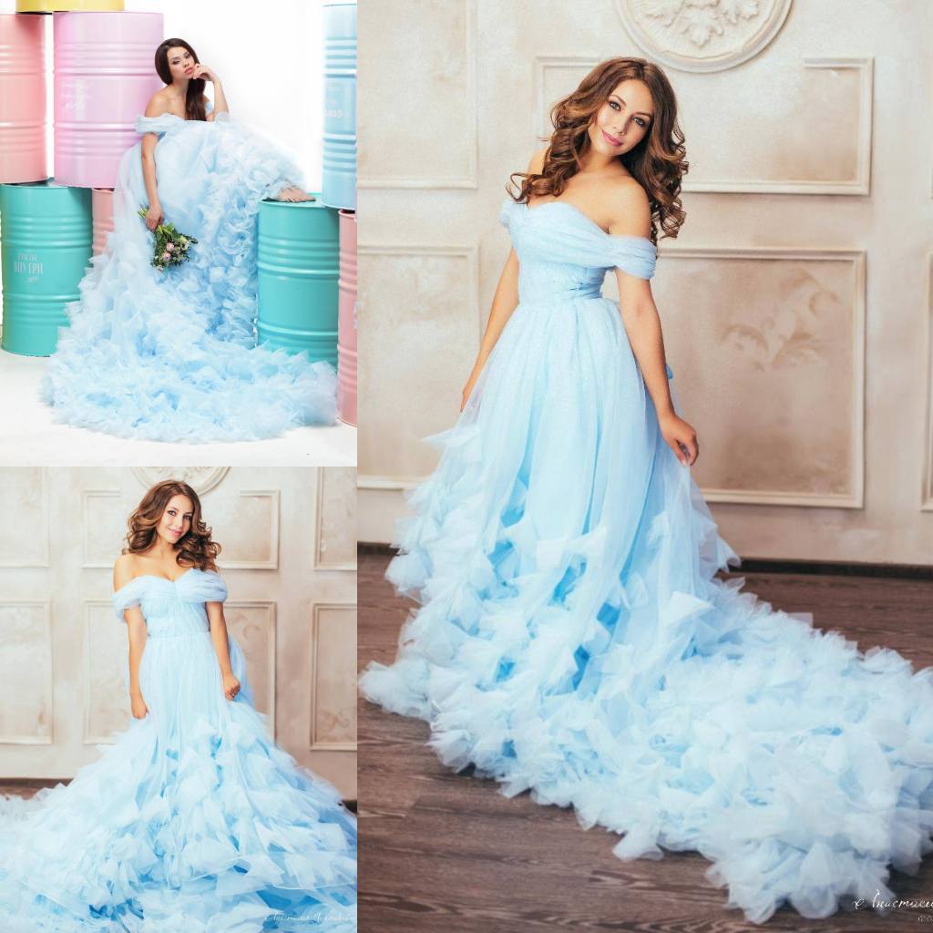 

Light Sky Blue Ball Gown Quinceanera Dresses Off The Shoulder Prom Gowns Court Train Tulle Ruffled Sweet 16 Dress, Royal blue