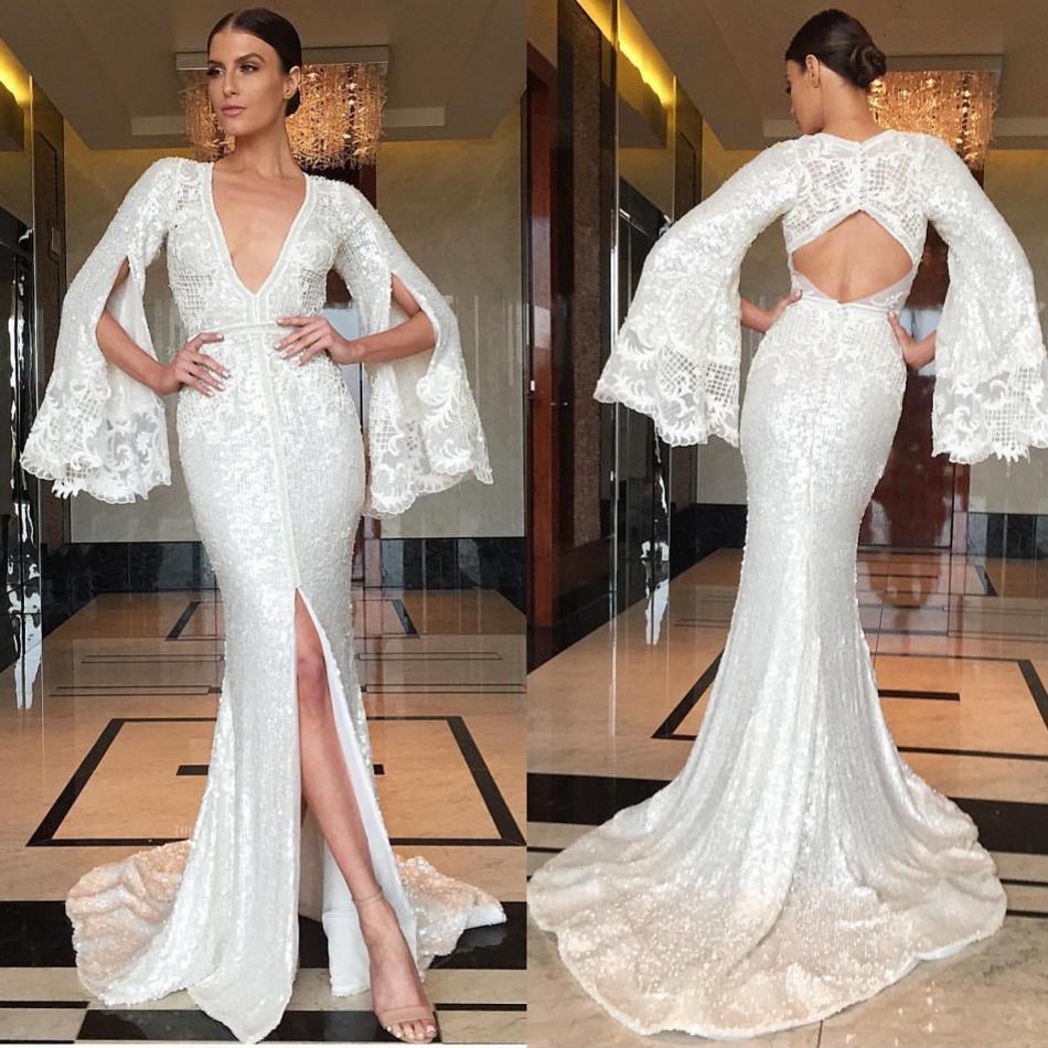 

Sexy Mermaid Wedding Dress Free Shipping V Neck Long Sleeves Wedding Dresses Front Split Applique Sequins Hollow Wedding Gowns, Red & white