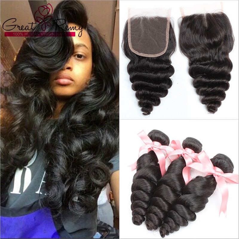 

3 Bundles Loose Wave Peruvian Brazilian Virgin Hair Weft With 1pc Top Lace Closure Free Part 4x4 Greatremy Bella Factory Outlet, Natural color