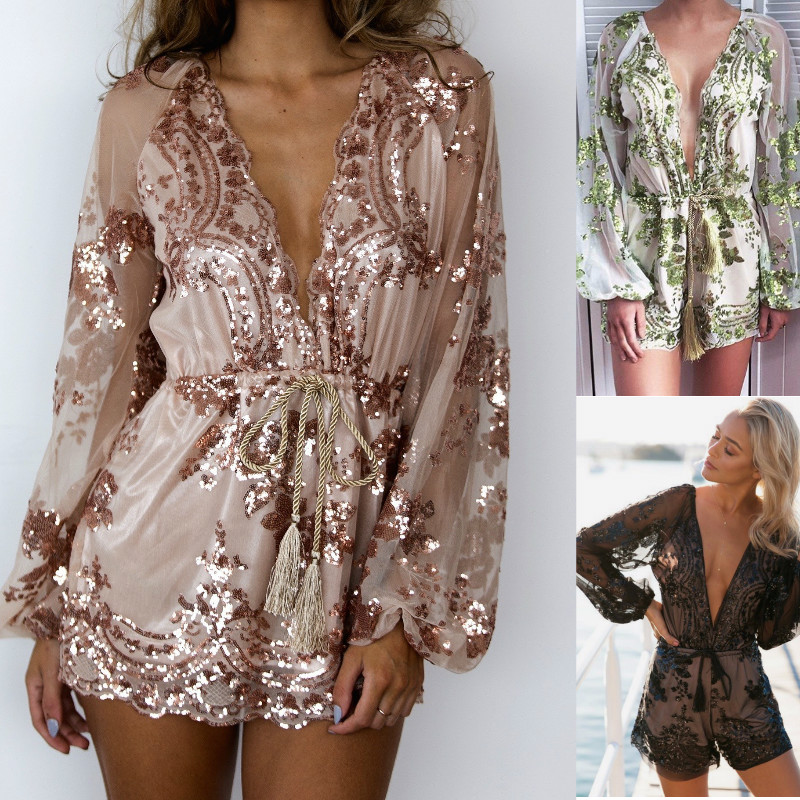 Lace Jumpsuit New Women Summer Vintage Heart Embroidery Paillette Short V neck casual playsuits for womens jumpsuits Sequins Party Jumpsuit-image-401720581