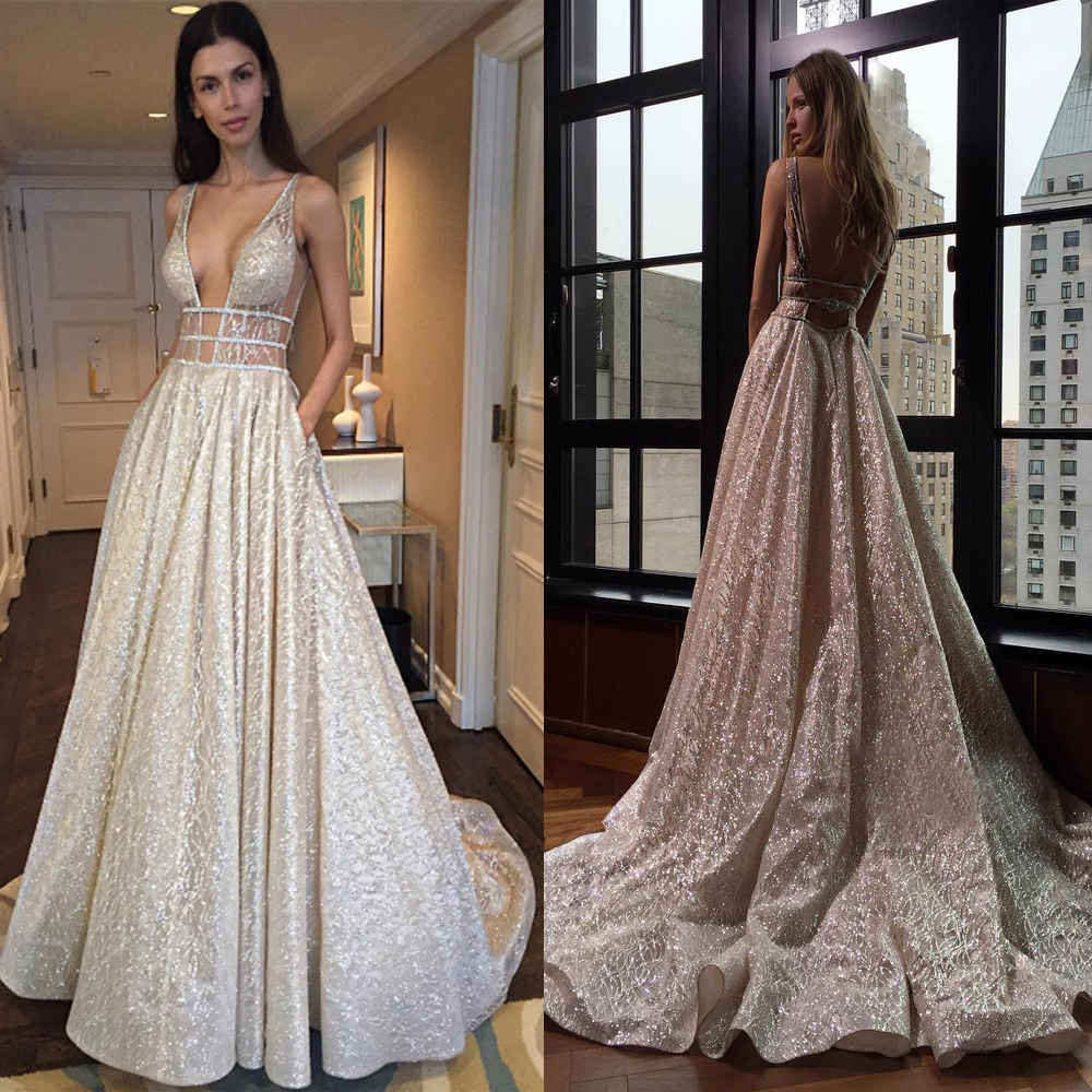 

Sexy V-Neck Sleeveless Prom Dress 2019 Long Sequins See Through Silver Sequin Open Back Evening Dress vestido longo verde, Pink