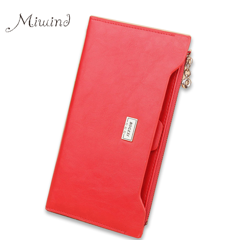 

Wholesale- 2017 Genuine Leather Women Long Slim Wallet Zipper Female Purse Clutch Phone Coin Photo Holder Wristlet, Orange