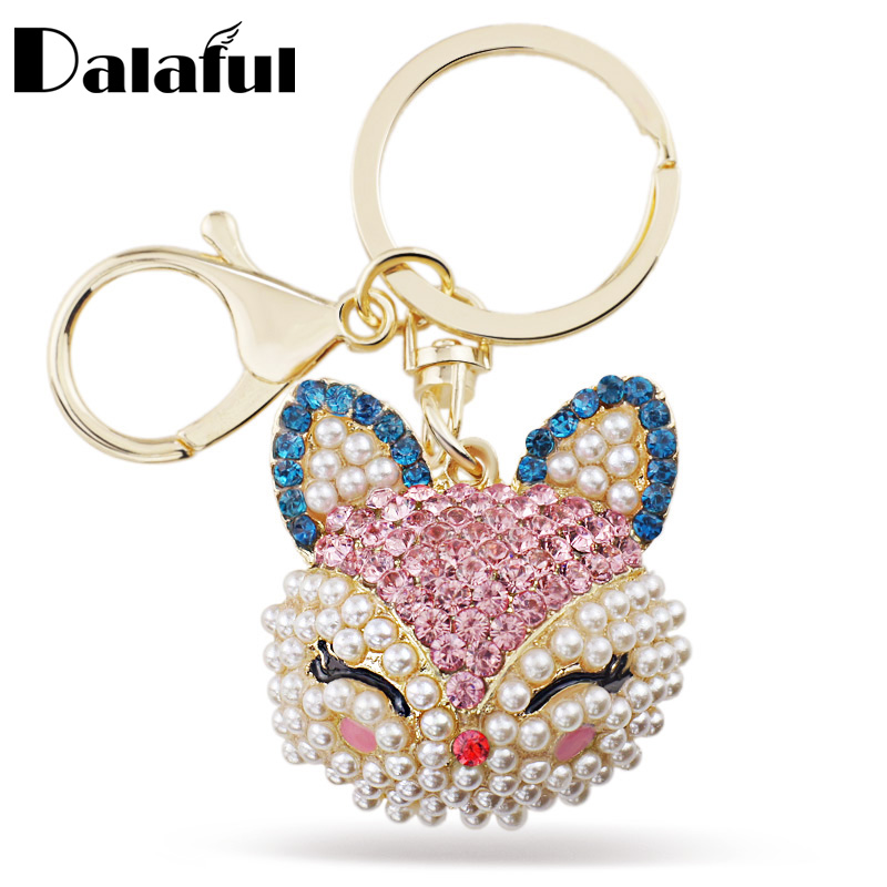

beijia Lucky Smile Fox Crystal Imitation Pearl Keyring Keychains For Car HandBag Pendant Party Gift Key Chains Holder K216