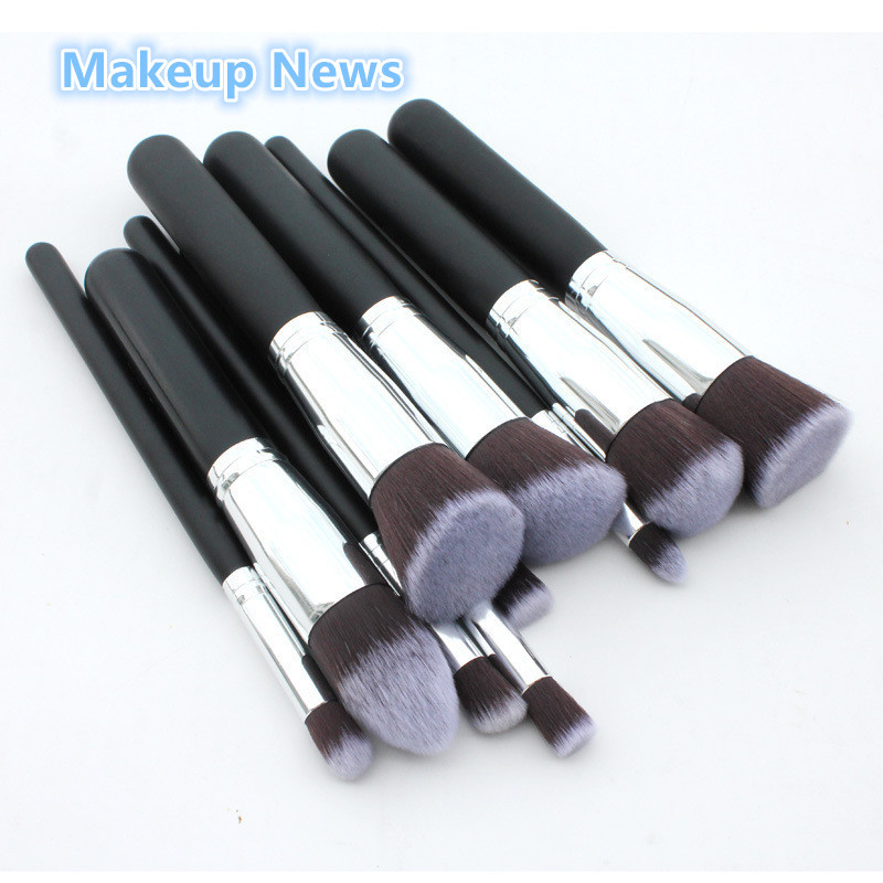 

Hot sale -10 pcs/lot professional makeup brushes silver Synthetic Kabuki Makeup Brush Set Cosmetics Foundation blending blush makeup tool