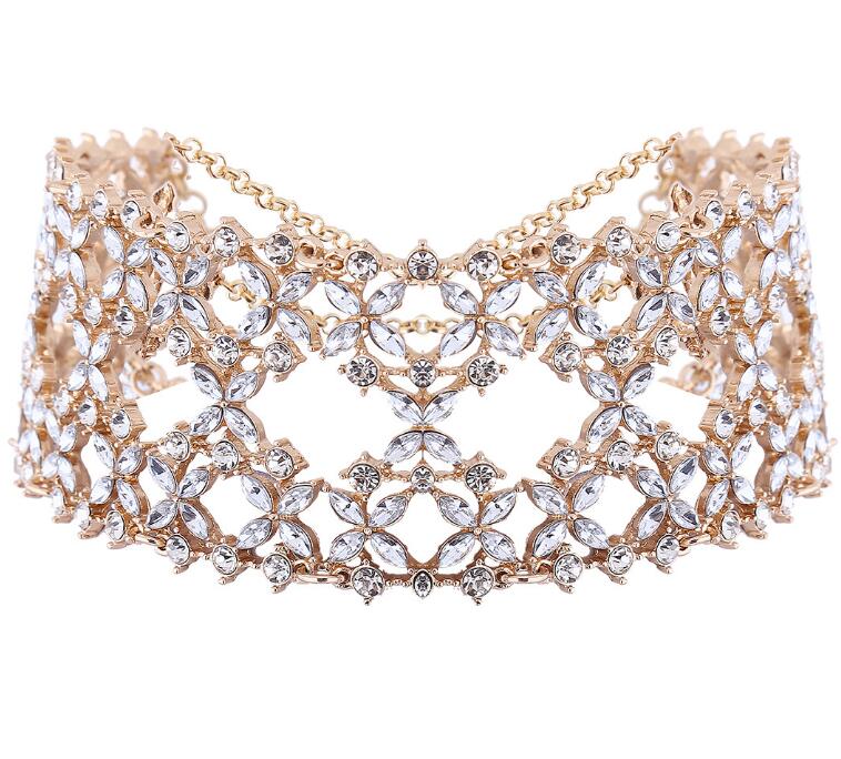

idealway Fashion Gold Silver Plated Inlay Hollow Out Clear Crystal Rhinestone Leaves Flower Wide Choker Necklace, Golden;silver