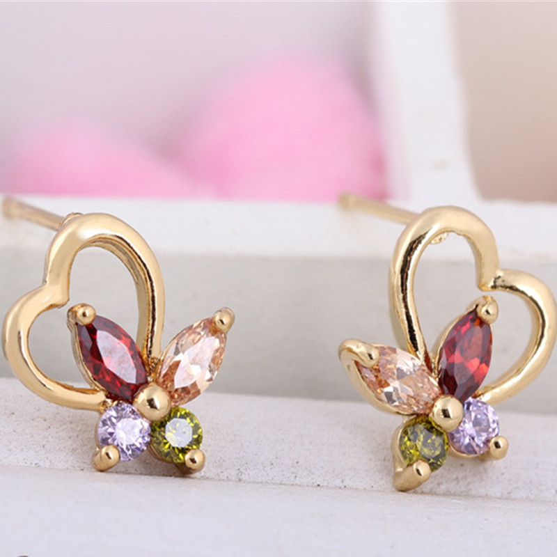 

Fashion Yellow Gold Plated CZ Earrings for Women Jewerly Butterfly Stud Boucle d'oreille Christmas Gifts Brincos for Women, Golden;silver