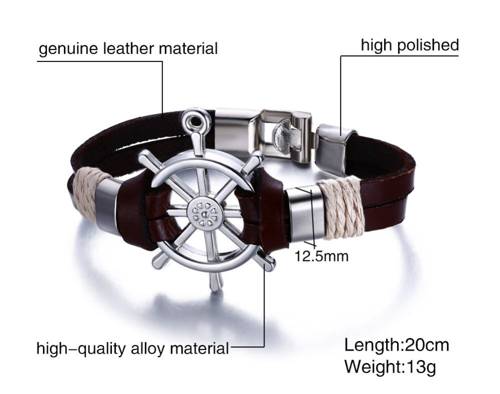 

Rudder Design Men Bracelet & Bangle Double Layer Leather Classic Vintage Daily Sport Sailing Jewelry