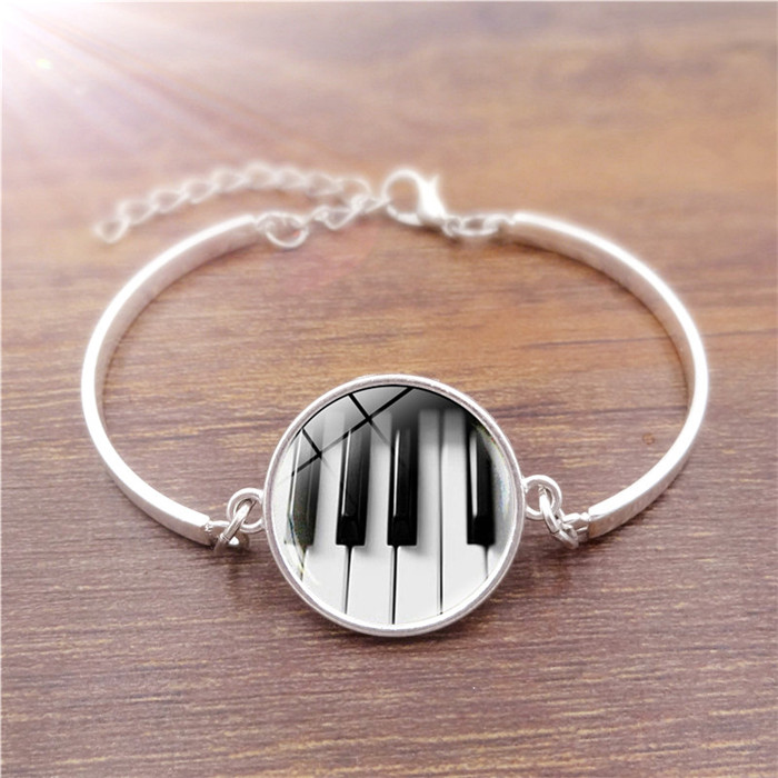 Hot! 5pcs Popular Style Jewelry with Silver Plated Glass Cabochon Piano Pattern Charm Bracelet Bangle for Women Gift-image-400877749