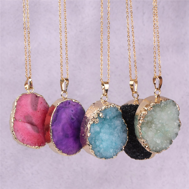 

Nature 20-40mm Gemstone Bead Druzy Cluster Pendant with Gold Electroplated Edges Freeform Quartz Geode Boho Stone Statement Necklace Jewelry