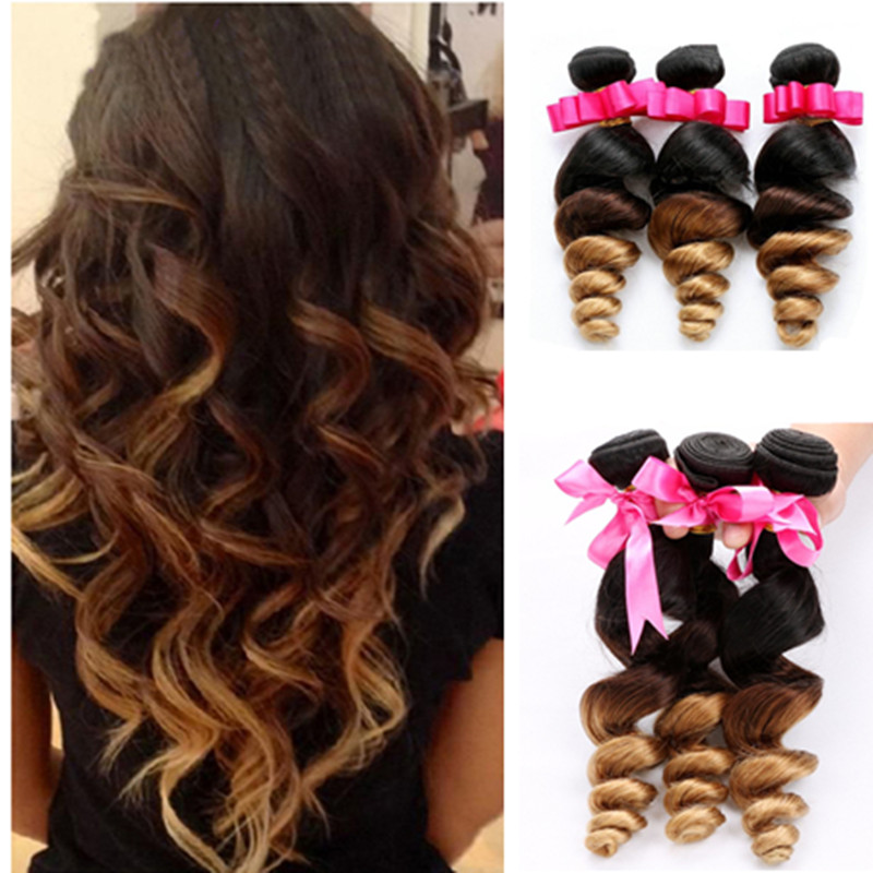 

Loose Wave Hair Honey Blonde Ombre Human Hair Bundles Brazilian Virgin Loose Deep Wave 1B/4/27 Three Tone Colored 3Pcs Lot