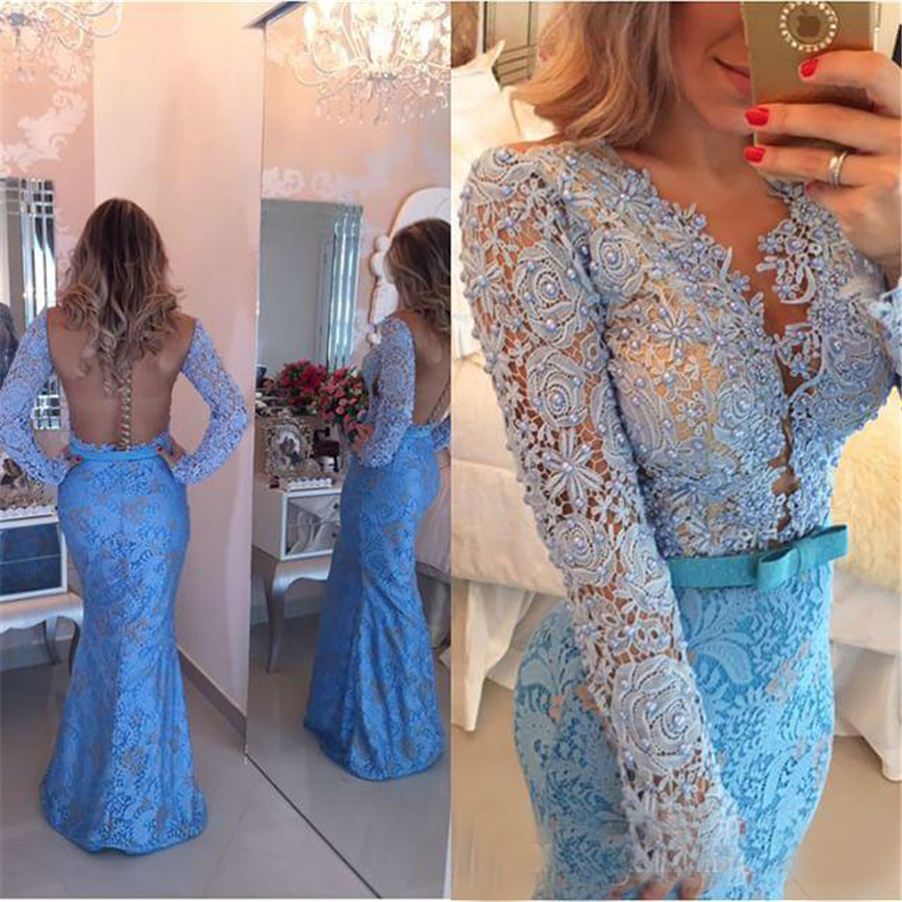 

Elegant V Neck Sheer Back Floor-Length Lace Prom Gowns Mermaid With Long Sleeves Blue See-through Evening Dresses Formal Dress, Green