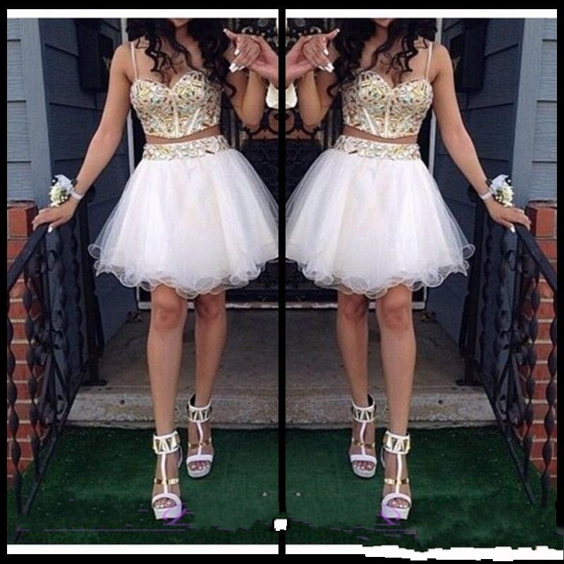 

Sexy Two Piece A Line Homecoming Dresses With Gold Beaded Straps Tulle White Short Prom Dress Sweet 16 Gown Cheap Custom Made, Hunter