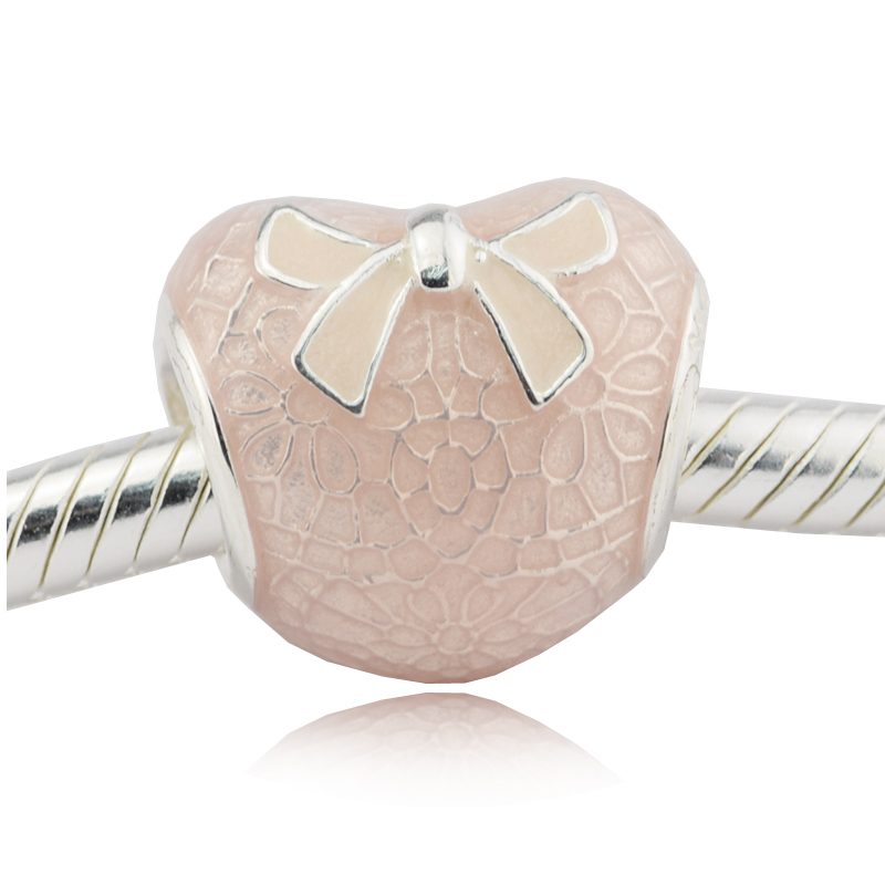 Pink Bow & Lace Heart Rose Pink Enamel beads Fits Pandora chain Bracelet sterling silver jewelry making charms for woman DIY beads-image-401365464
