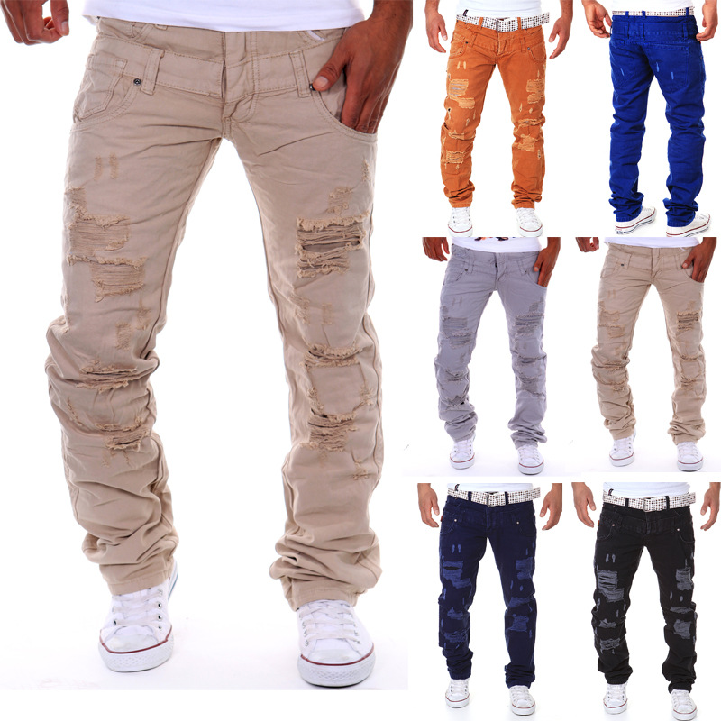 

Wholesale- 6 Color 2016 New Vintage Men Designer Casual Hole Ripped Jeans Mens Fashion Skinny Denim Cargo Pants Hip-hop Male, 8804 black