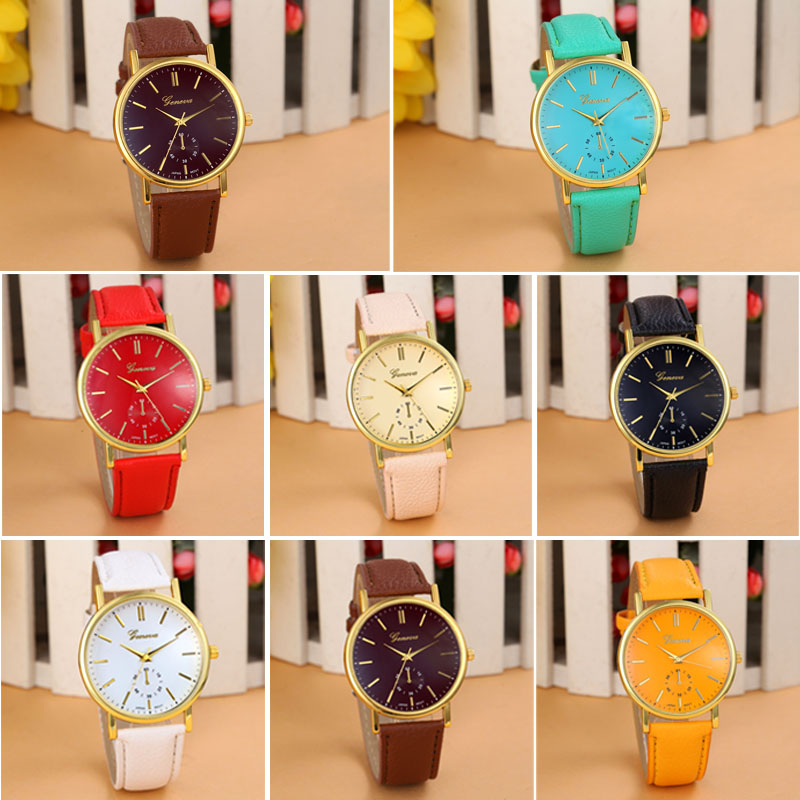 

Relogio Geneva Unisex Leather Band Analog Women Men Quartz-Watch Vogue WristWatch relojes 8 Colors, Black