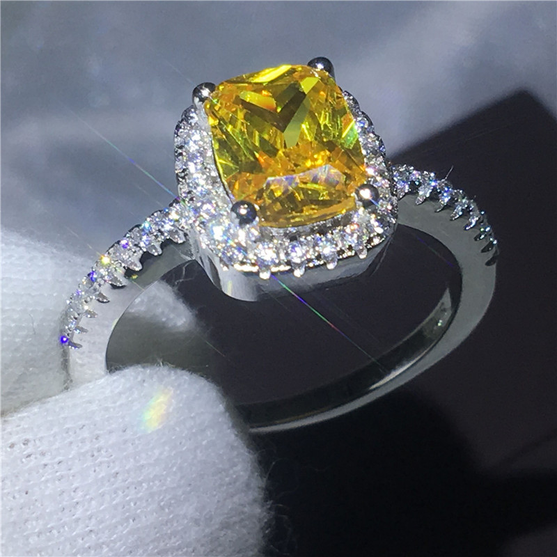 

New Fashion ring cushion cut Gold 5A Zircon Crystal 925 Sterling silver Engagement wedding band rings for women Festival Gift