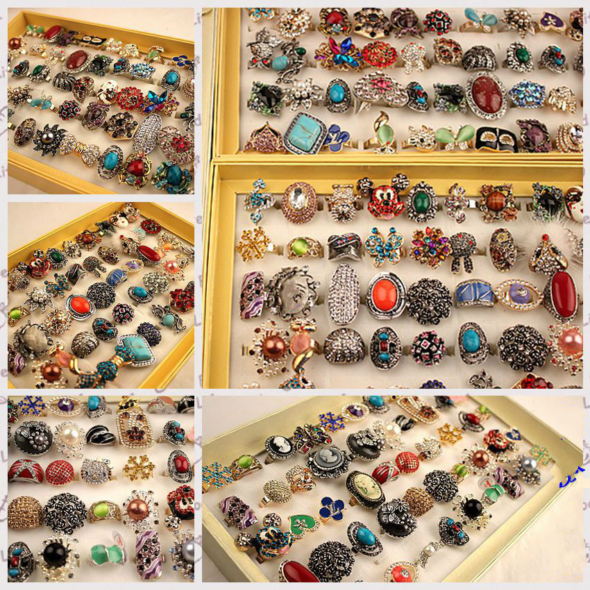 

1000 Styles Top Quality Mix Group of European and American Style Gem Diamond Exaggerated Alloy Rings Wholesale, Golden;silver