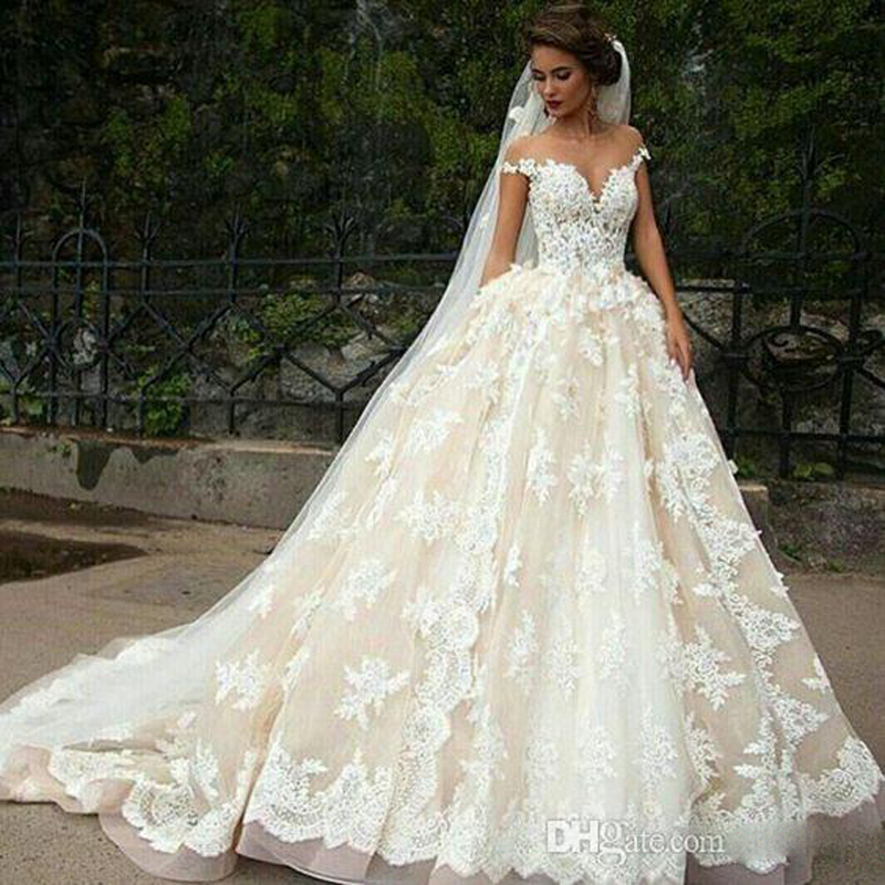 

2017 3D Appliqued Lace Wedding Dresses Off Shoulder A-Line Bridal Gowns Backless Sweep Train Sheer Jewel Neck Wedding Dress, Same as image