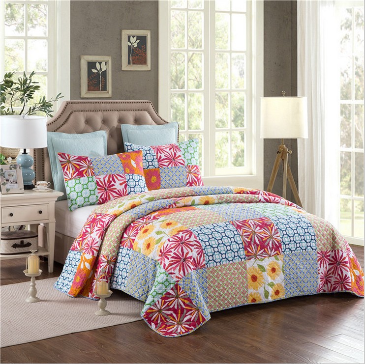 

Antique Chic Cotton Flower Patchwork Full Queen Quilts Set 1 Quilt 2 Pillow Sham Bedding Supplies Wedding Gift JF005