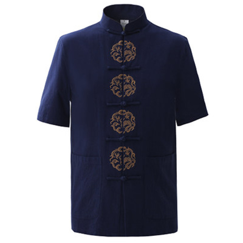 

Wholesale- Summer Navy Blue Men's Cotton Embroidery Dragon Shirt tops Vintage Chinese Short Sleeve Shirt Tang Suit Size  - XXXL, Beige