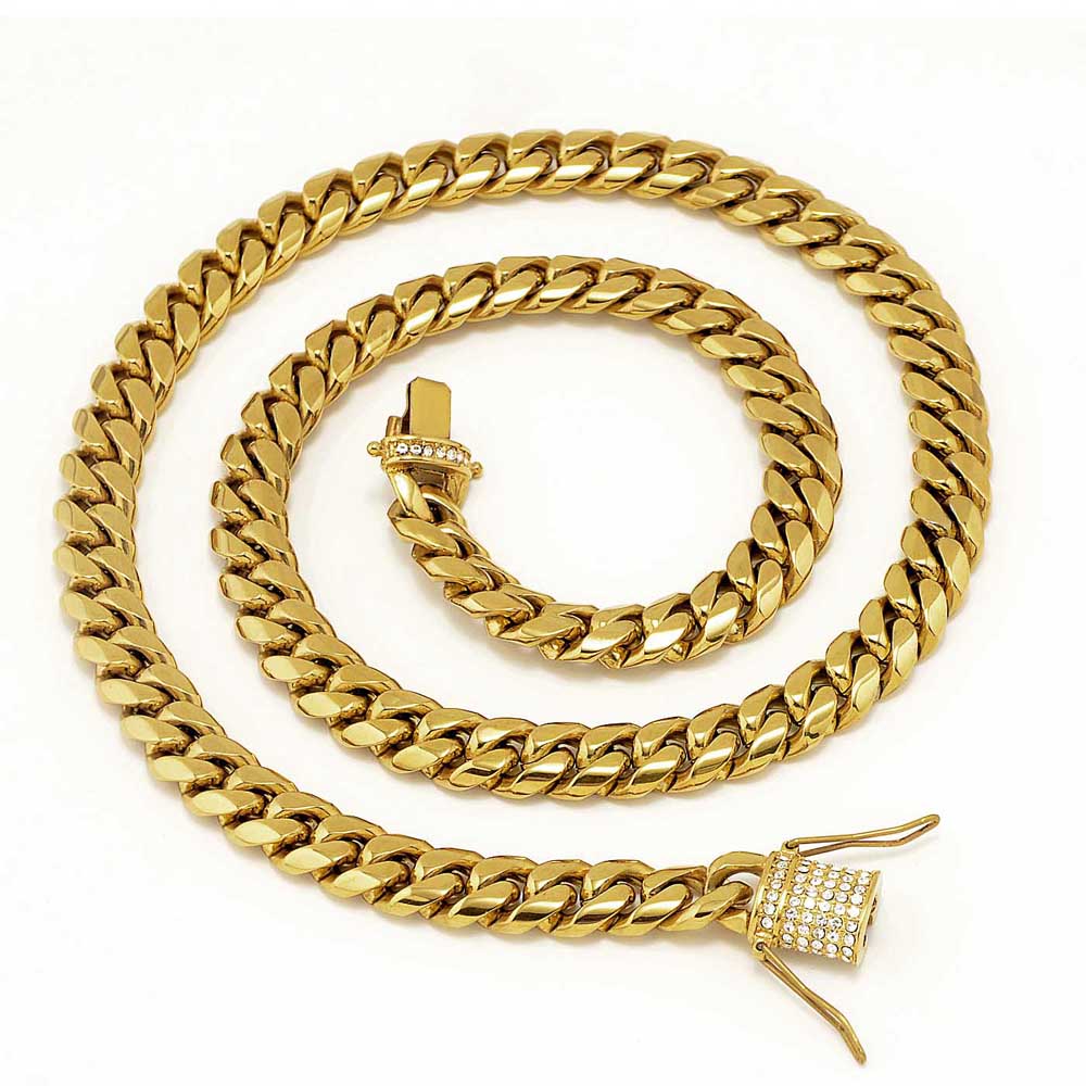 

Stainless Steel 24K Solid Gold Electroplate Casting Clasp & Diamond CUBAN LINK Necklace & Bracelet For Men Curb Chains Jewelry 24"/28&q, Silver