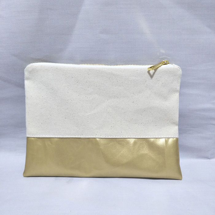 2019 Natural Cotton Canvas Cosmetic Bag With Waterproof Gold Leather ...