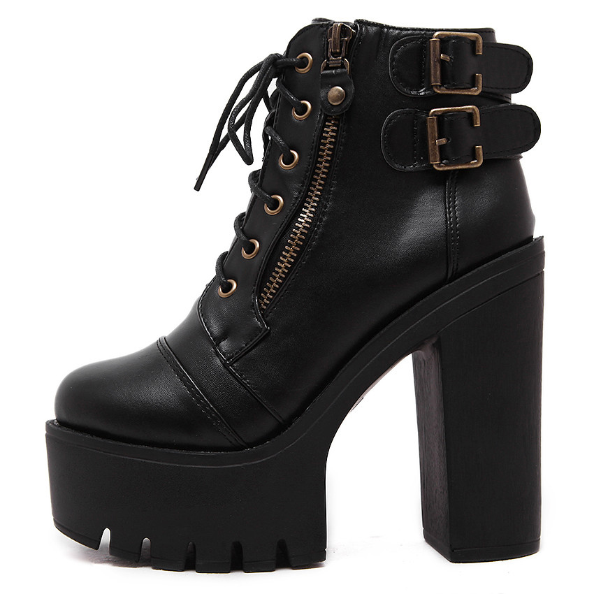 

Hot Sale Russian Shoes Black Platform Martin Boots Women Zipper Spring High Heels Shoes Lace Up Ankle Boots Size 35-39