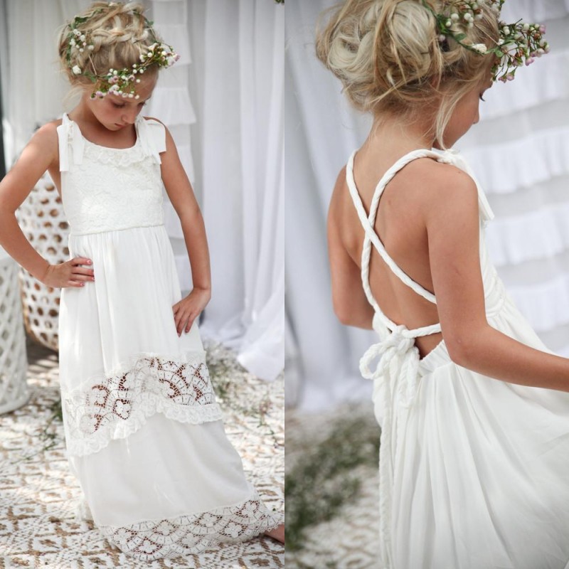 

Romantic 2017 New Arrival Boho Flower Girl Dresses For Weddings Cheap Chiffon Lace Criss Cross Back Formal Wedding Dress Custom Made EN7266, Green