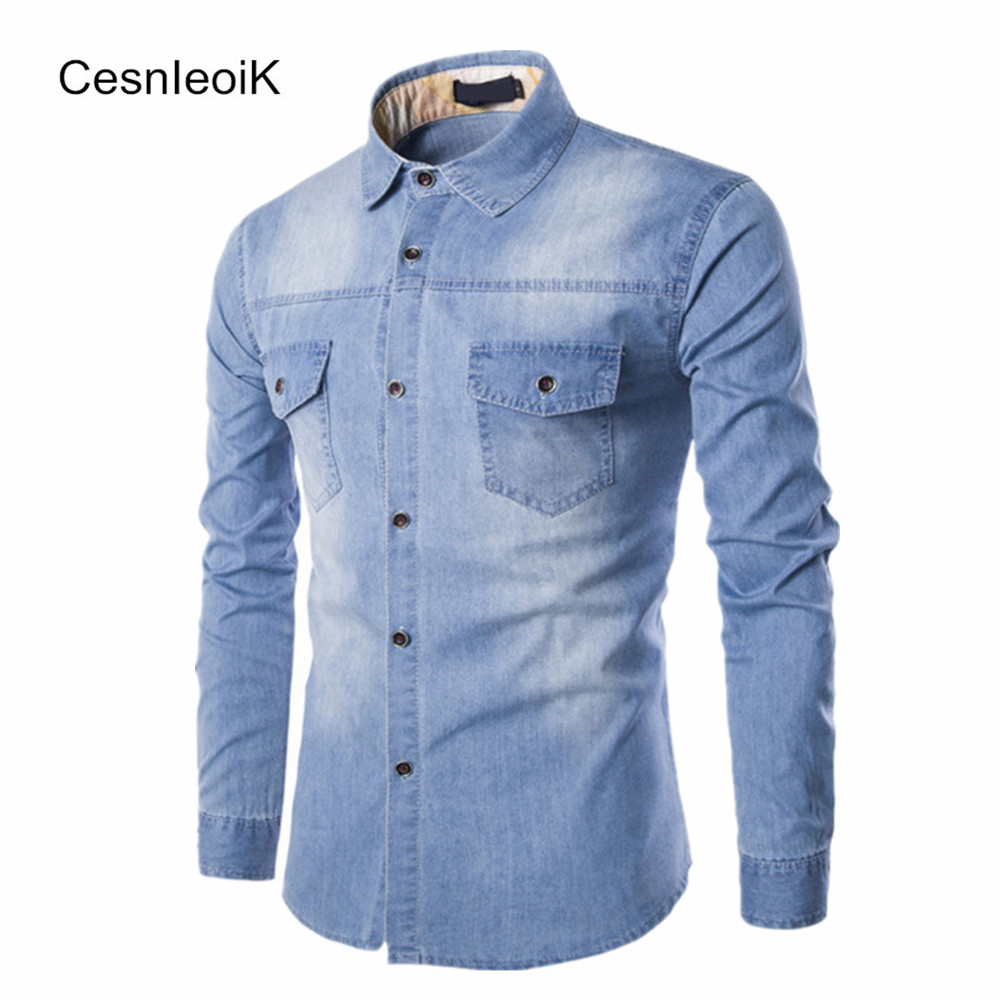 

Wholesale- Mens Refreshing Leisure Yong Style Man Clothes Full Sleeves Stylish Washed Denim Fabric Slim Fit Cotton Denim Shirts Hombre B093, Light blue
