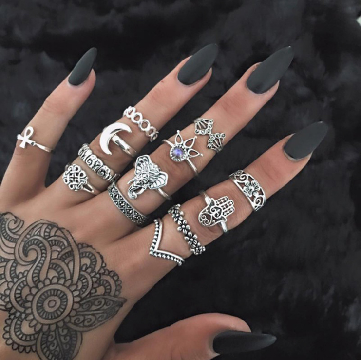 

Vintage 13pcs Boho Vintage Hand Hasme Elephant Moon Animal Silver/Gold Ring Set Midi Finger Knuckle Rings