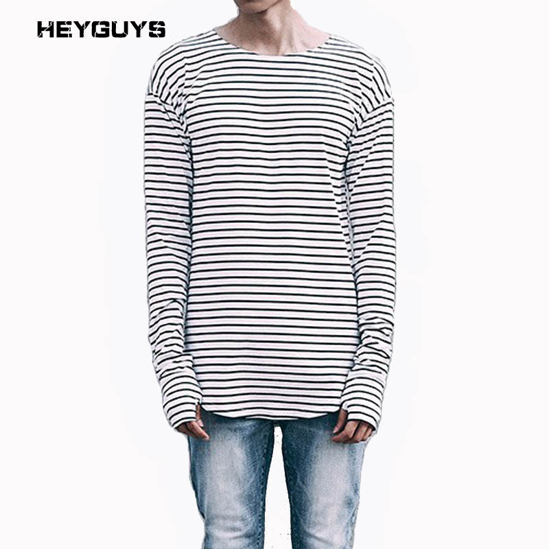 

HEYGUYS striped t-shirts men long sleeve Arc type Hem high street wear man winter soldier length t shirts new fashion 17603, White