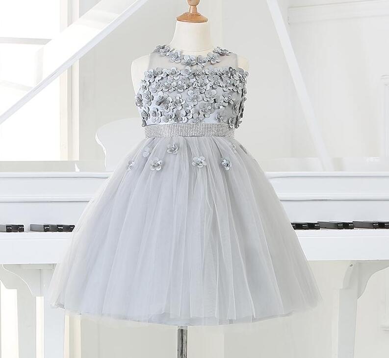 

2017 Silver tulle Princess Girl Party Dresses Bead Appliques Tutu Wedding Dress for Christmas Kids Birthday clothes 12M-12Y, Gray