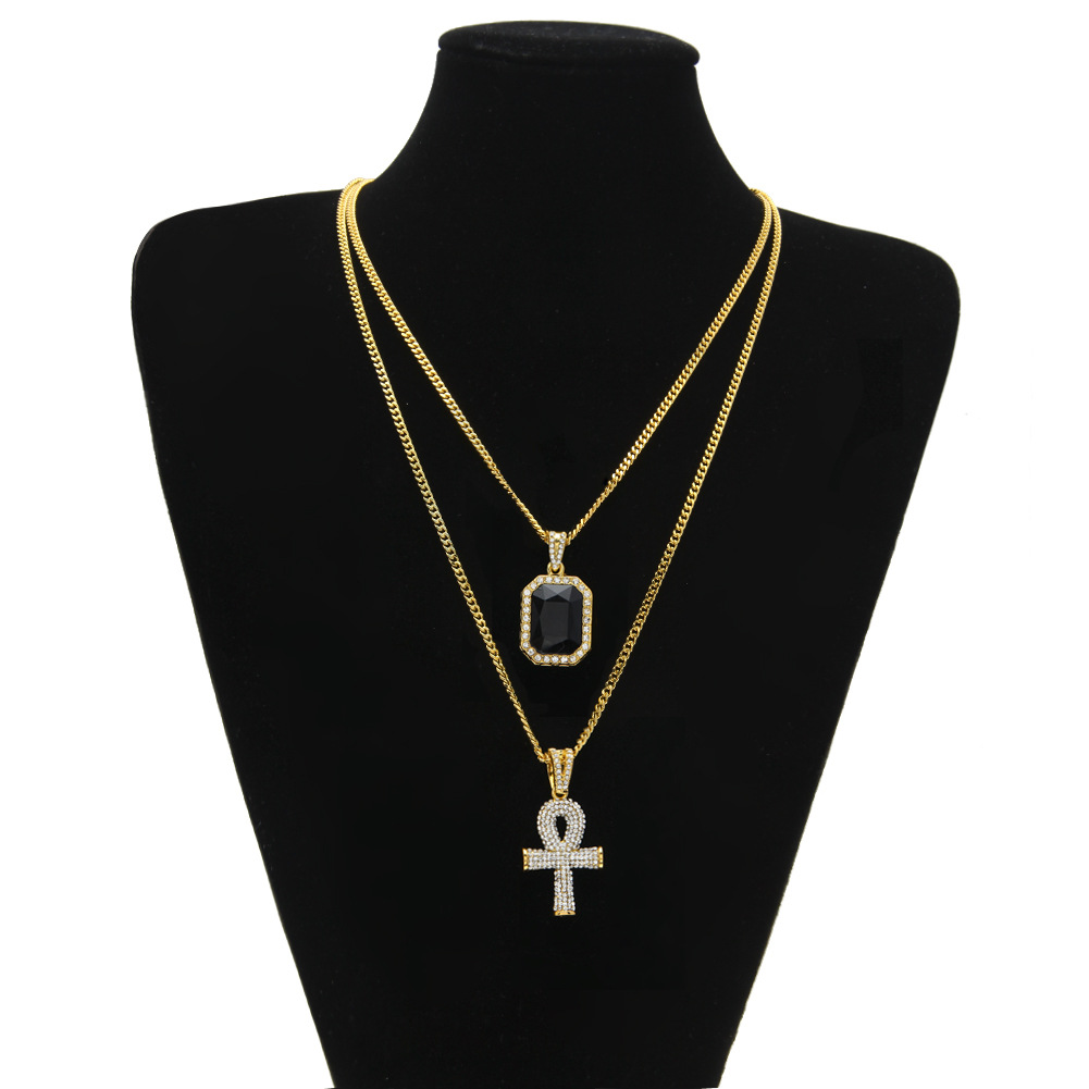 

Men's Egyptian Ankh Key of Life Necklace set Bling iced out Cross Mini Gemstone Pendant Gold Silver chain For women Hip Hop Jewelry