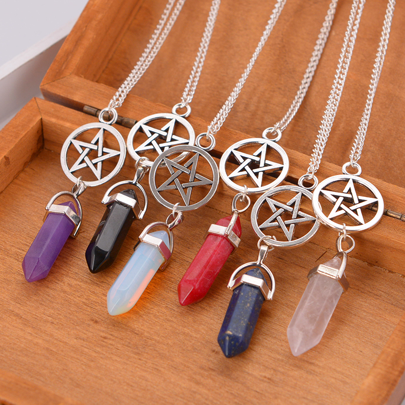 Collier pentagramme en pierre naturelle pour femmes, 24 couleurs, véritable gemme brute, balle en cristal, Point Reiki, Chakra, bijoux