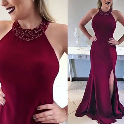 

Stunning Pearls Luxurious Burgundy Formal Dresses Gowns O-Neck Straight Leg Slit Sexy Evening Dresses Jersey Evening Gowns Abendkleid, Blue