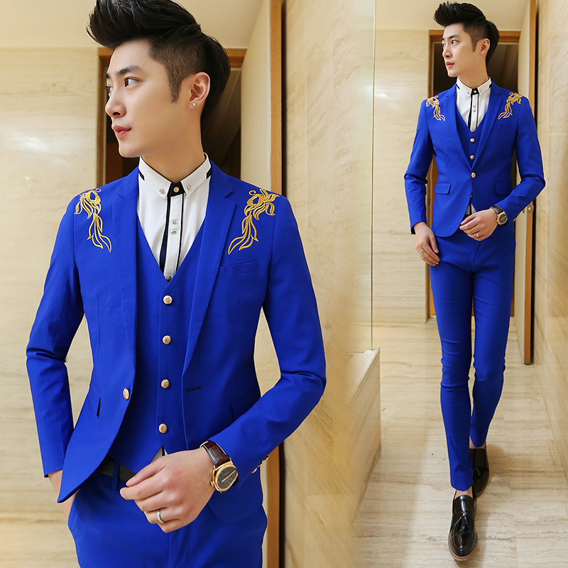 

Wholesale- 2017 New Design Royal Blue Classic Men's Suit Prom Party Blazer 3 Piece Embroidery Slim Fit Groom Tuxedos Groomsman Suit Terno, Same as image