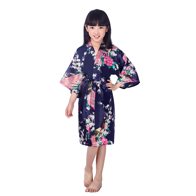 

Wholesale- Girl Silk Satin Floral Kimono Robe Short Bathrobe Fashion Bridesmaid Robe., Light purple