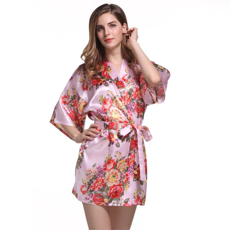 Satin Wedding Bride Bridesmaid Robe Floral Bathrobe Flower Print Kimono Robe Dressing Night Gown For Women