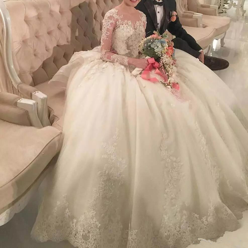 

Stunning Long Sleeves Applique Lace Wedding Dresses Vestidos De Noiva Pricess Ball Gown Wedding Dress Custom Made Vintage Bridal Gowns, Pink
